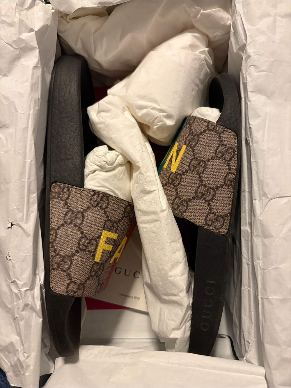 Gucci Brown GG Supreme Slide Sandals with Yellow and Green Accents